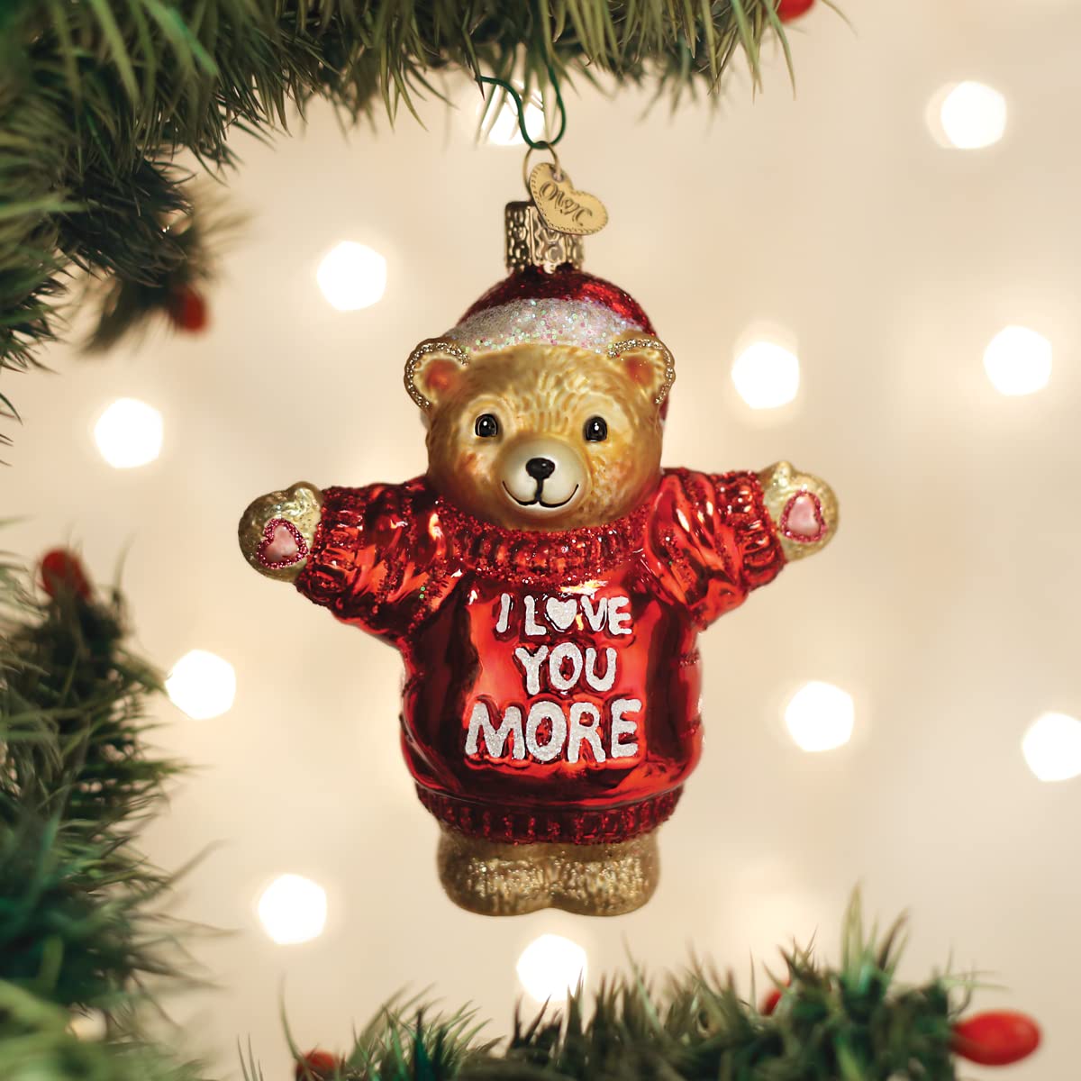 Old World Christmas I Love You More Bear Glass Blown Ornament for Christmas Tree, Handcrafted Holiday Decoration, Valentines Day Collection