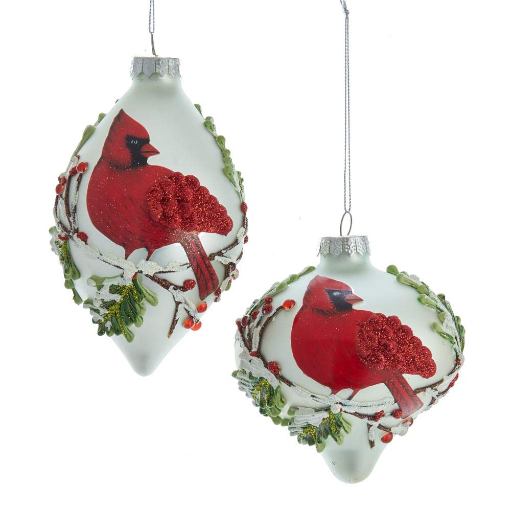 Kurt Adler Cardinal Pattern Rosy Red 6 inch Glass Christmas Figurine Ornaments Set of 2