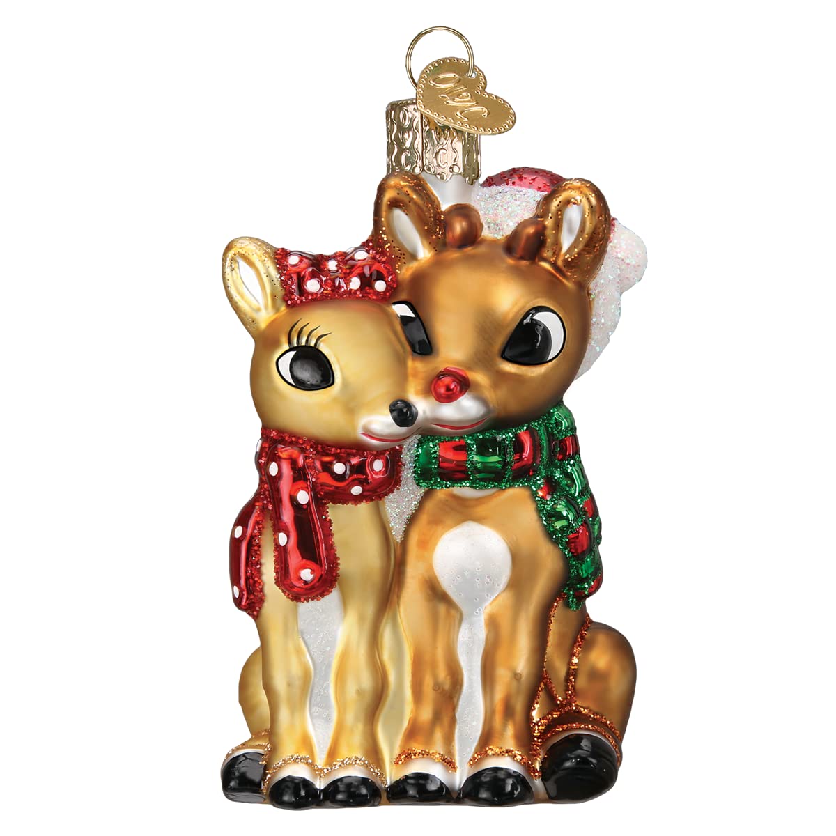 Old World Christmas Rudolph and Clarice Glass Blown Ornament for Christmas Tree, Handcrafted Holiday Decoration, Rudolph Collection