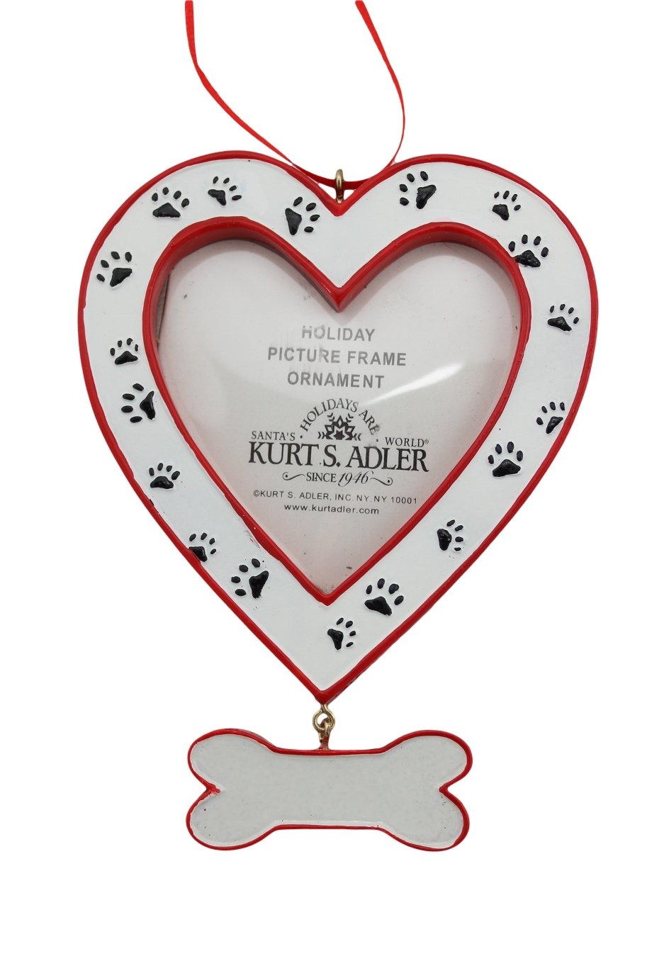 Kurt Adler Dog Heart Picture Frame - Bone Dangle and Paw Prints Ornament