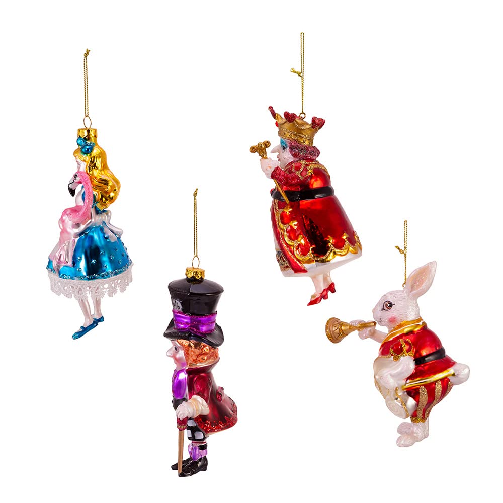 Kurt Adler Noble Gems Glass Ornaments for Christmas Tree, Alice in Wonderland (4-Piece Box Set)