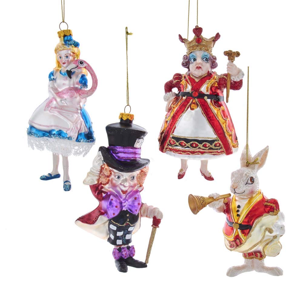 Kurt Adler Noble Gems Glass Ornaments for Christmas Tree, Alice in Wonderland (4-Piece Box Set)