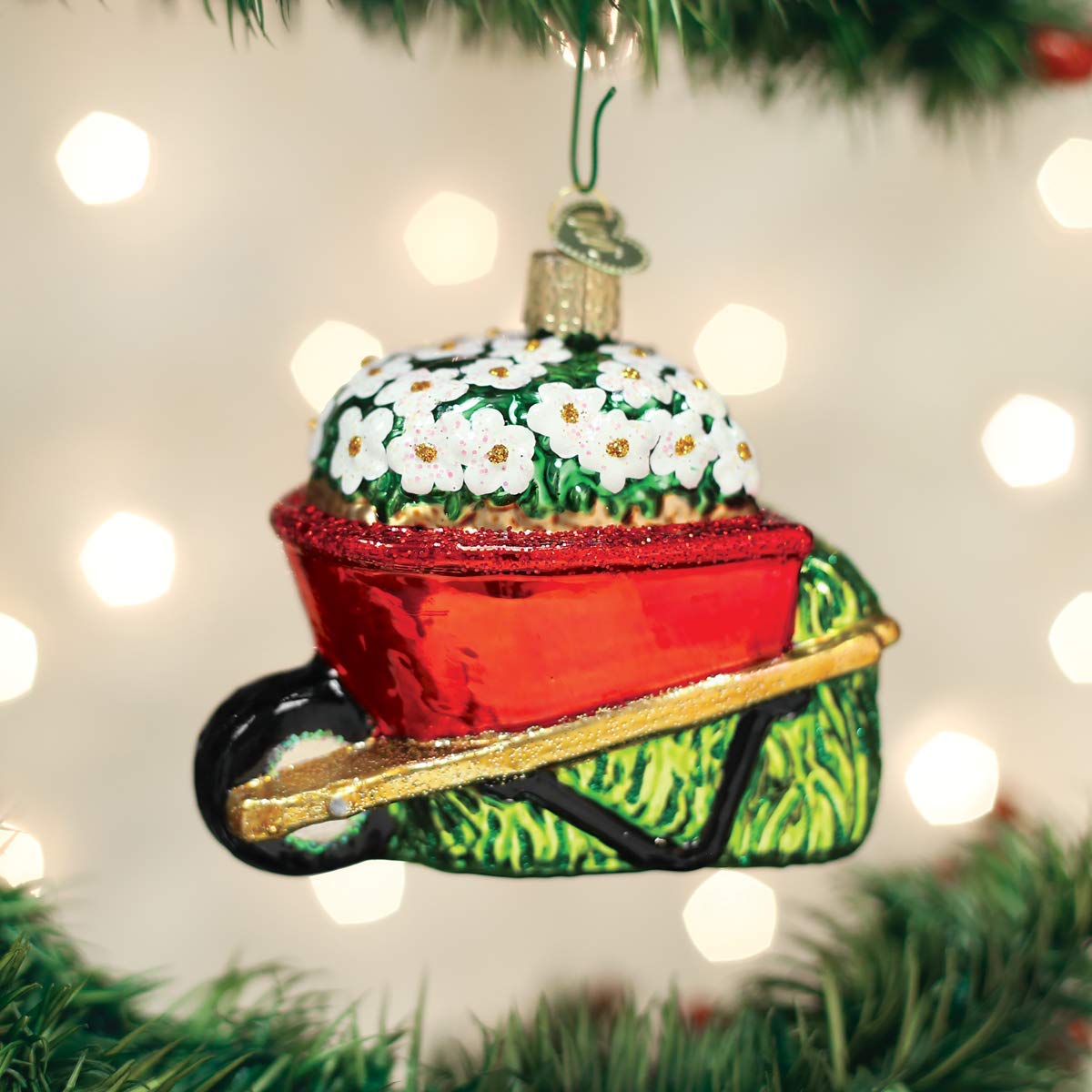 Old World Christmas Wheelbarrow with Flowers Glass Blown Ornament for Christmas Tree, Handcrafted Holiday Decoration, Garden Collection