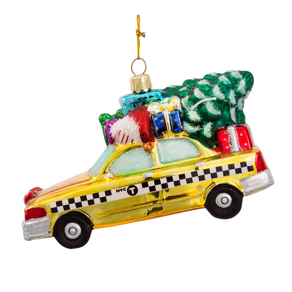 Kurt Adler NYC Checker Taxi with Tree Glass Ornament, 5.35-Inch