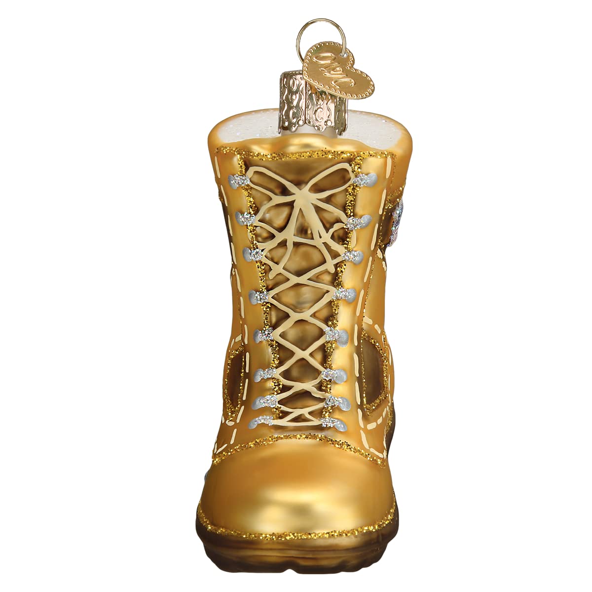 Old World Christmas Military Boot (Gold Combat Boot with American Flag Patch) Glass Blown Ornament for Christmas Tree, Handcrafted Holiday Decoration, Tools Collection