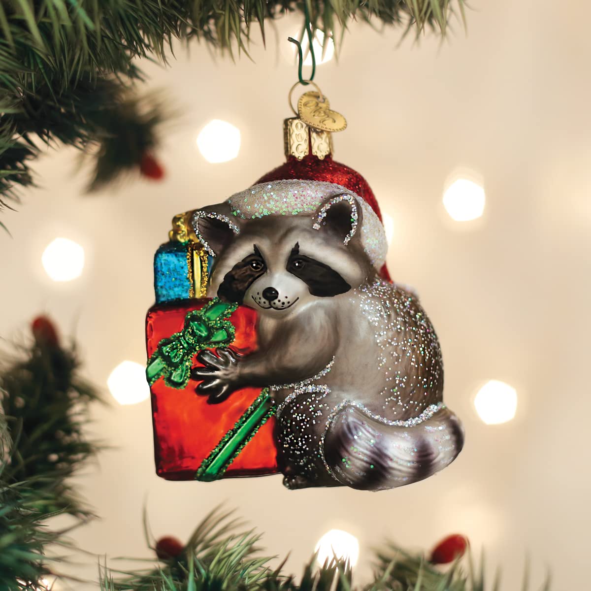 Old World Christmas Christmas Bandit Raccoon Glass Blown Ornament for Christmas Tree, Handcrafted Holiday Decoration, Wildlife Animal Collection