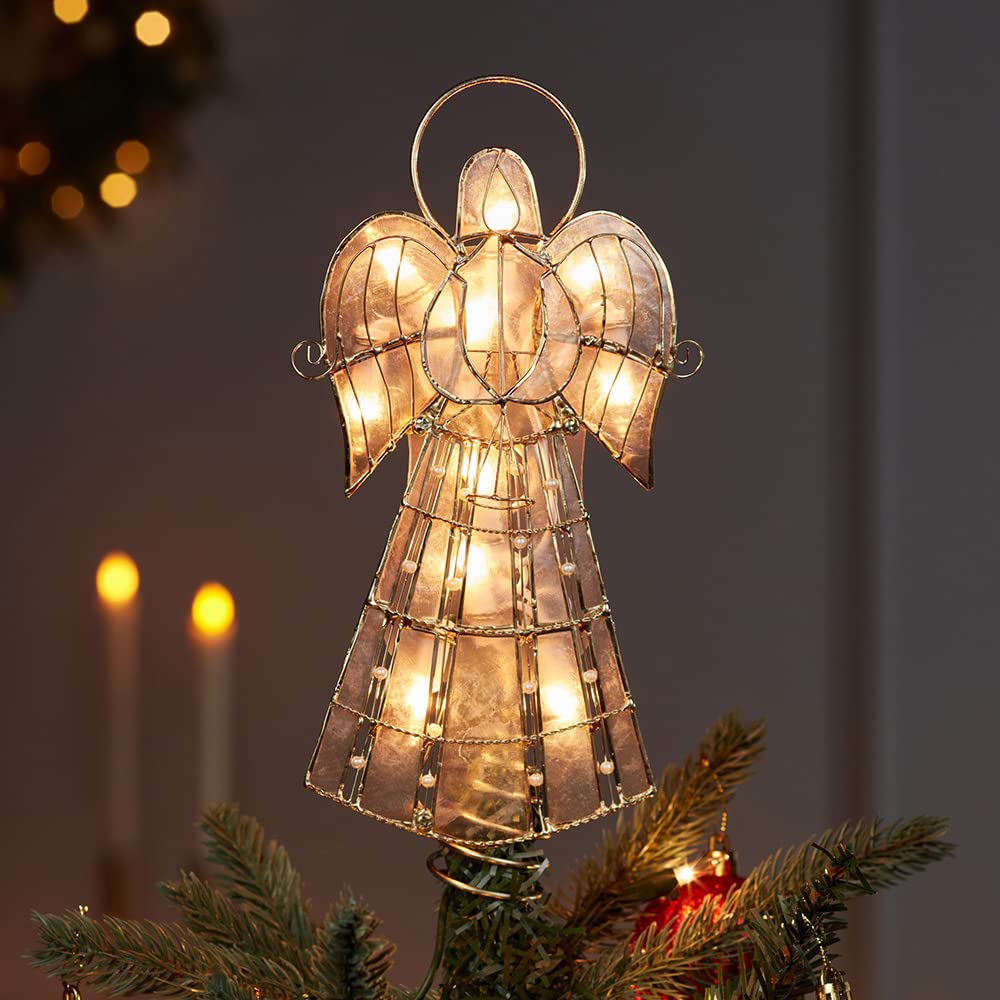 Kurt Adler UL3113 10-Light Capiz Angel Treetop With Vines And Pearls, 9.75-Inch