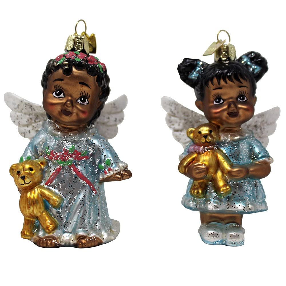 Kurt Adler Set of 2 Noble Gems 4" African American Angel Glass Christmas Ornament NB1507
