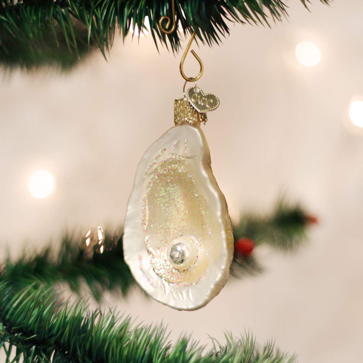 Old World Christmas Ornaments: Beach Shells Glass Blown Ornaments for Christmas Tree, Oyster with Pearl
