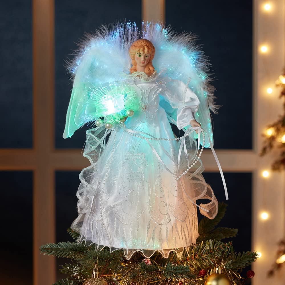 Kurt Adler 12-Inch White and Silver Fiber Optic LED Angel Treetop