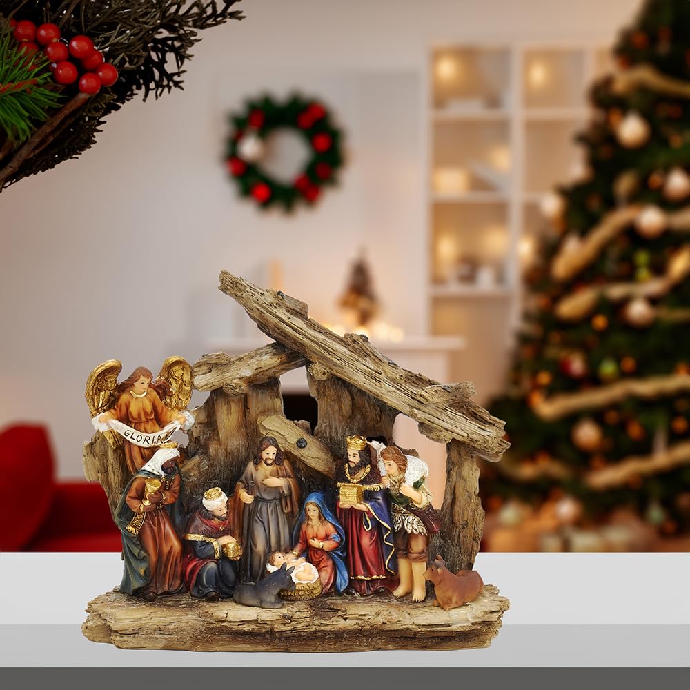 Kurt Adler 7-Inch Resin Nativity Table Piece, 11 Piece Set with Stable