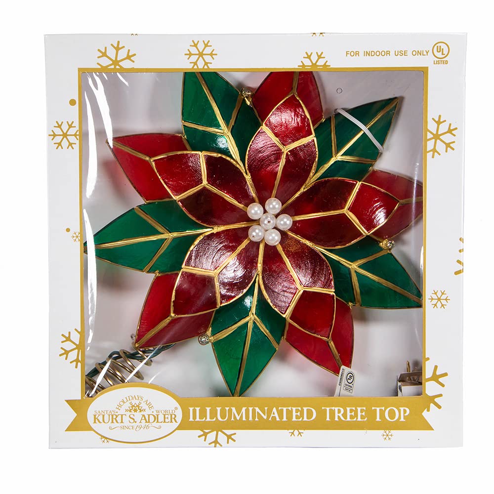 Kurt Adler 10-Point Illuminated Multi-Point Capiz Shell Poinsettia for Indoor Christmas Treetop, 10 Warm White Incandescent Lights, Red and Green, 9.5