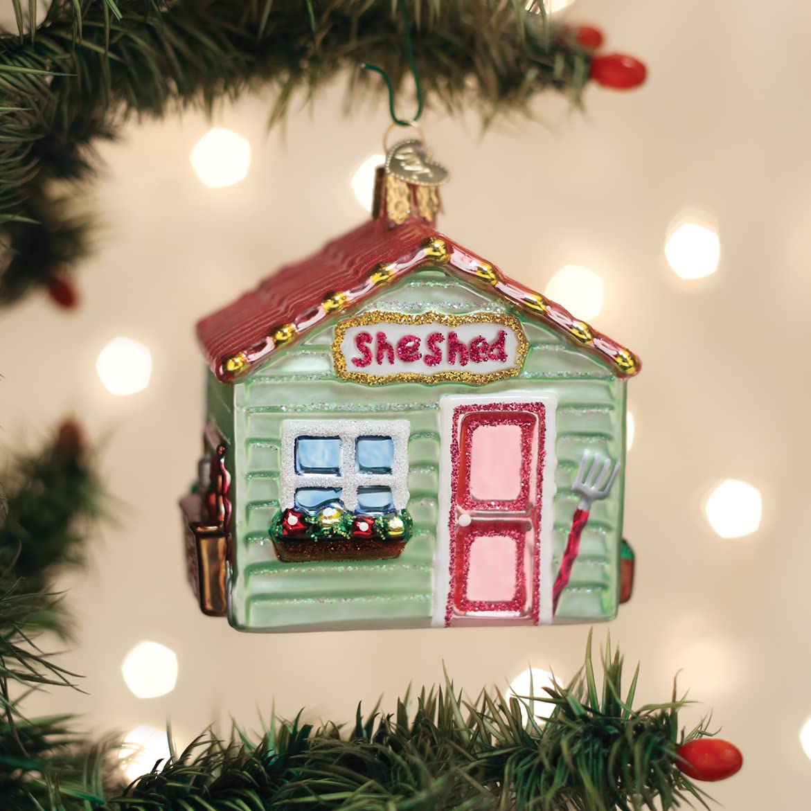 Old World Christmas She Shed Glass Blown Ornament for Christmas Tree, Handcrafted Holiday Decoration, Garden Collection