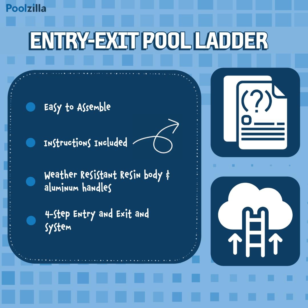 Poolzilla in-Pool Ladder - Deck Mounted Aluminum/Resin Entry and Exit System with Included Escutcheons, Supports up to 250 LBS - for 48โโ to 54โโ in. Swimming Pools