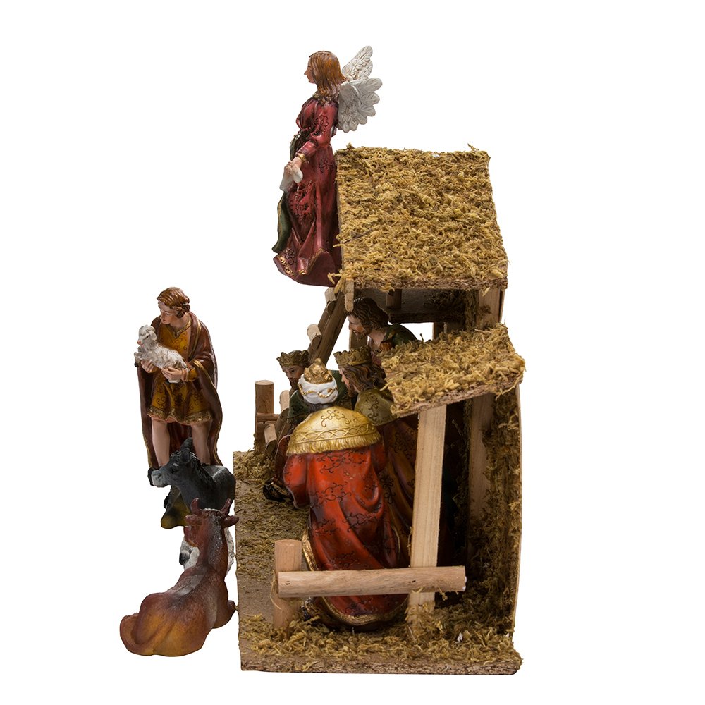 Kurt Adler 12-Piece Wooden Stable Nativity Set, Brown