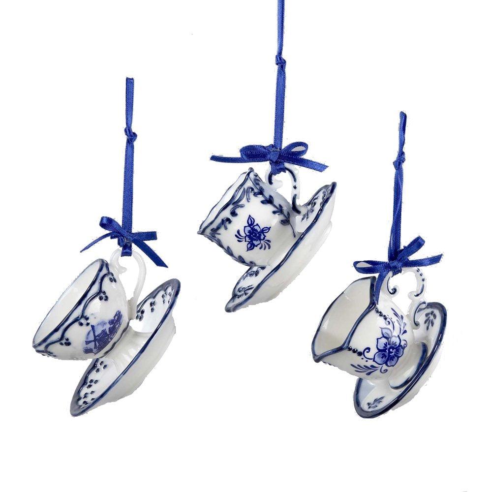 Kurt Adler Porcelain Ornaments for Christmas Tree, Assorted Blue Cup and Saucer (Pack of 3)