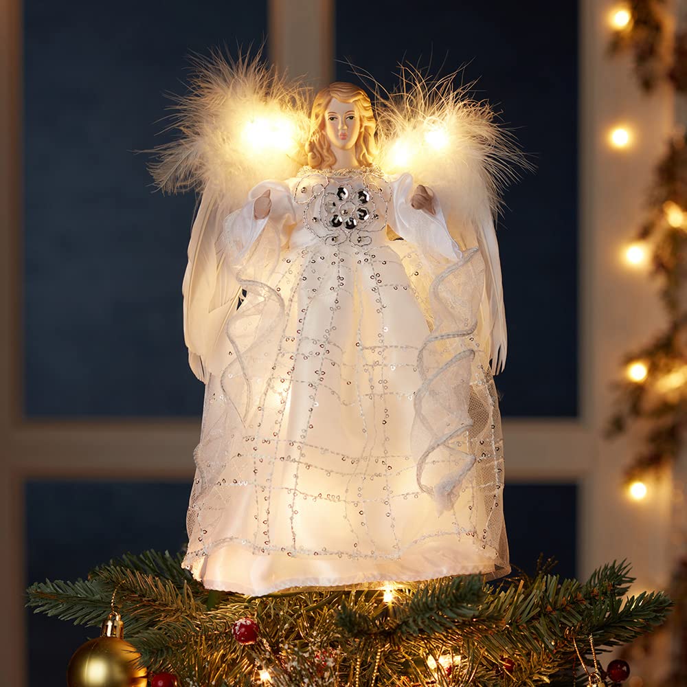 Kurt S. Adler Battery-Operated Silver and White Fairy Lighted Angel Tree Toppers, 10-Inches