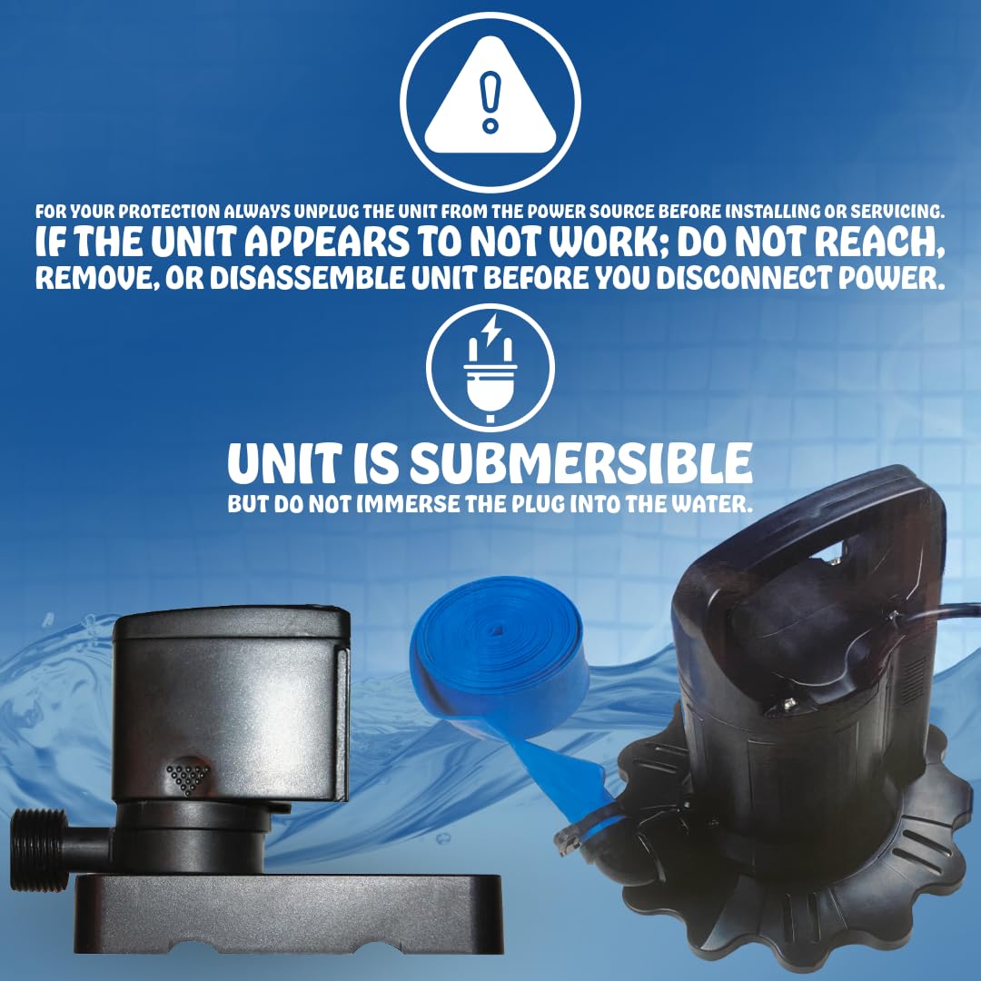 Poolzilla Submersible Cover Pump - Compatible with Standard Garden Hose, 1500 GPH, 25' FT Power Cord, with Filter Pad and 30' Foot Discharge Hose…