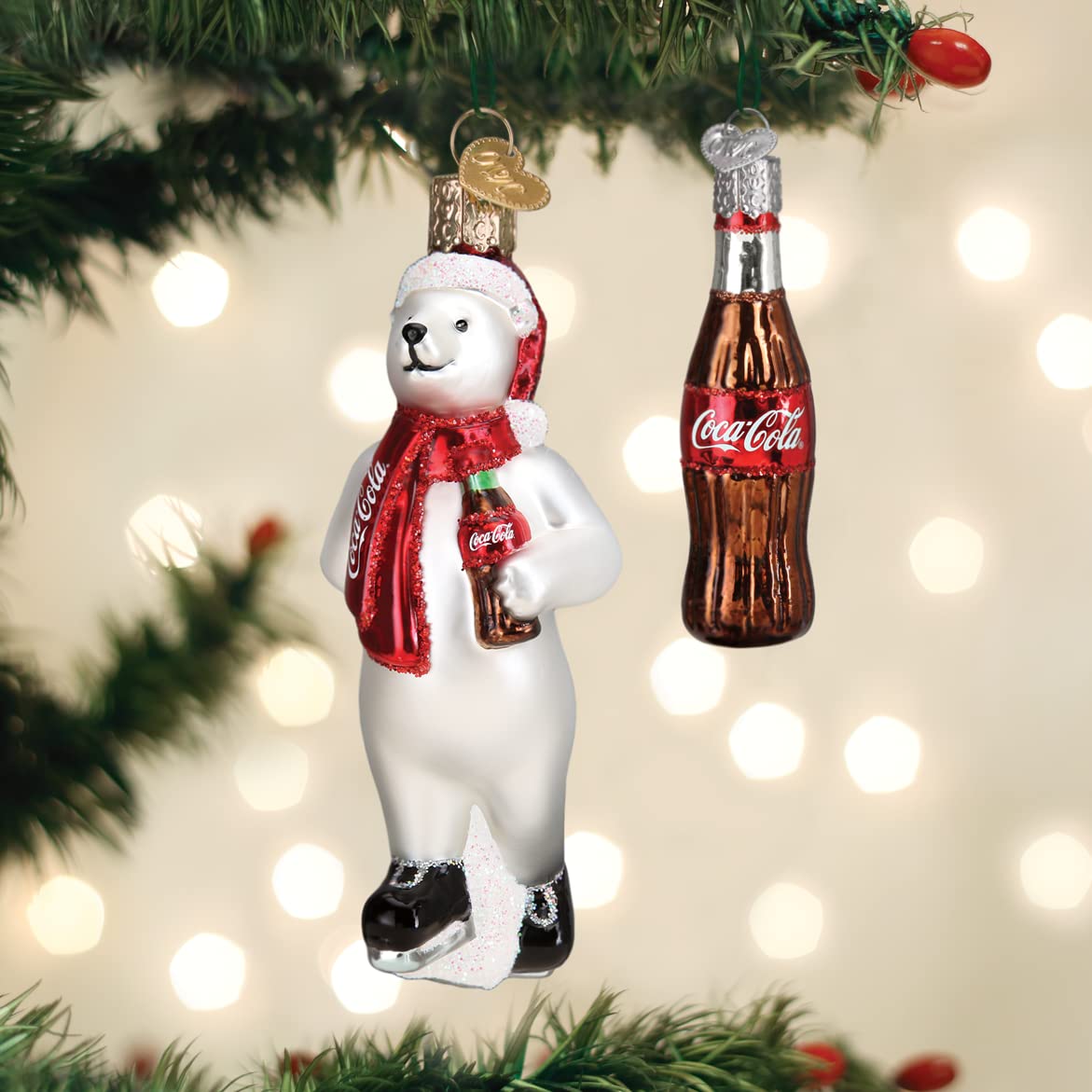 Old World Christmas Coca-Cola Polar Bear Set Glass Blown Ornament for Christmas Tree, Handcrafted Holiday Decoration, Coca-Cola Collection