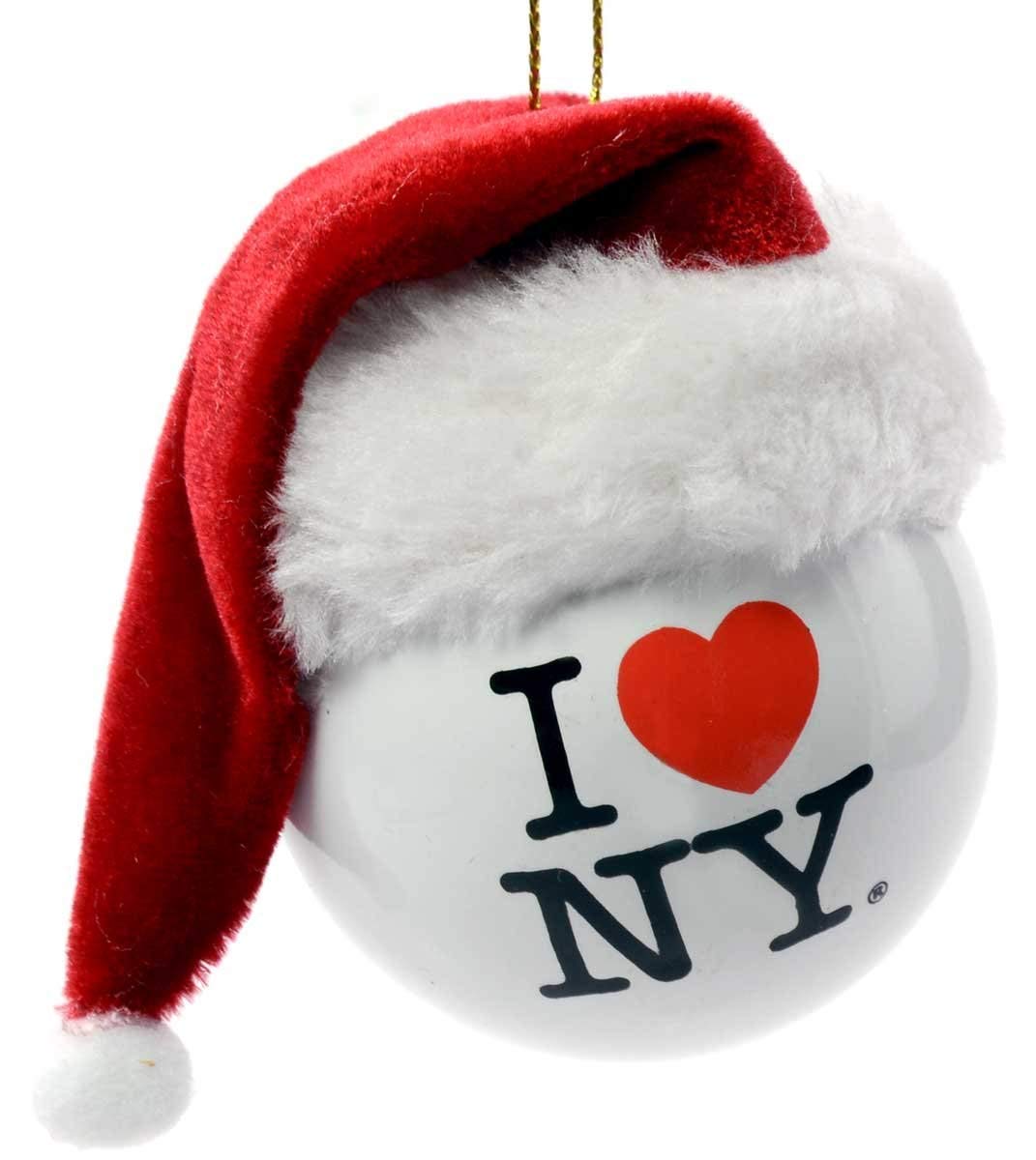 Kurt Adler Plastic Ornament for Christmas Tree, I Love NY Ball with Fabric Santa Hat, 3.5