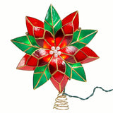 Kurt Adler 10-Point Illuminated Multi-Point Capiz Shell Poinsettia for Indoor Christmas Treetop, 10 Warm White Incandescent Lights, Red and Green, 9.5"