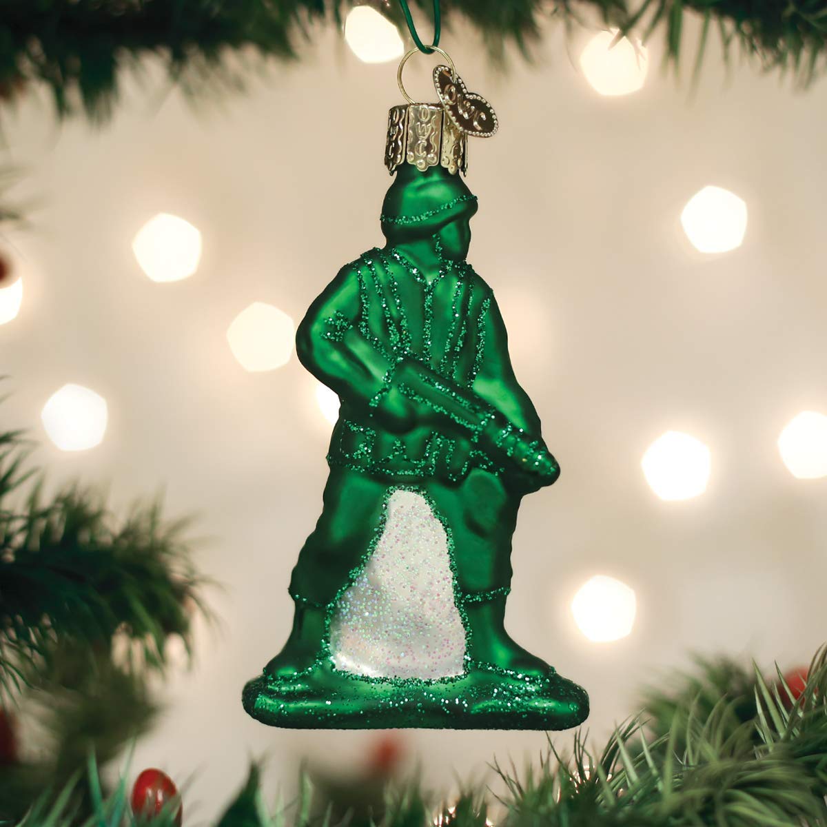 Old World Christmas Green Army Man Toy Glass Blown Ornament for Christmas Tree, Handcrafted Holiday Decoration, Toy Story Collection