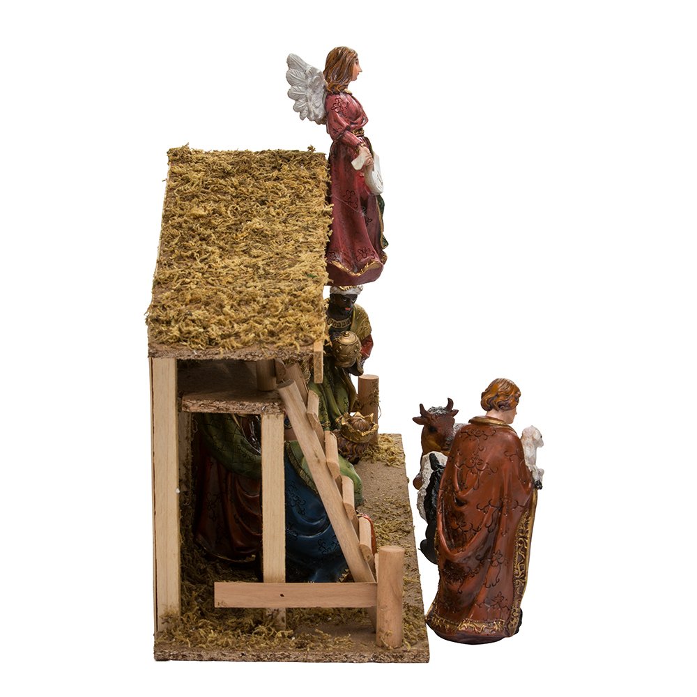 Kurt Adler 12-Piece Wooden Stable Nativity Set, Brown