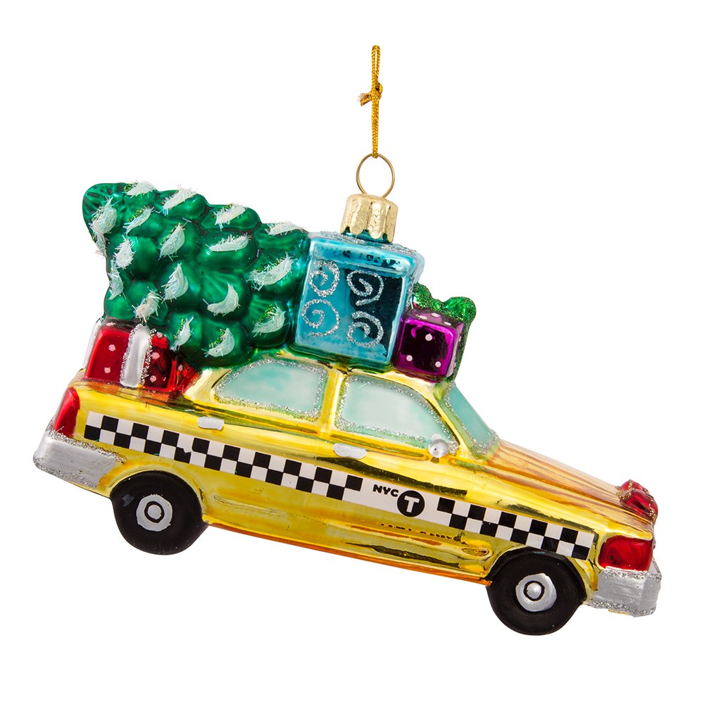 Kurt Adler NYC Checker Taxi with Tree Glass Ornament, 5.35-Inch