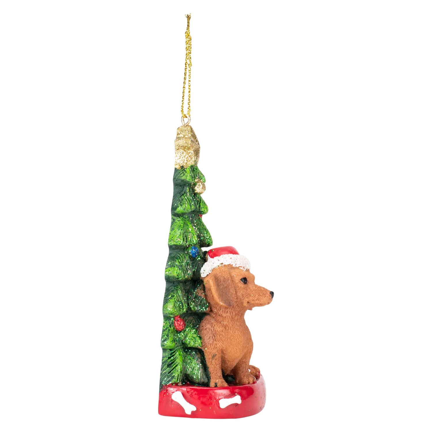 Kurt S. Adler Red Dachshund Wearing Santa Hat with Christmas Tree Ornament, Resin, C7615RDA New