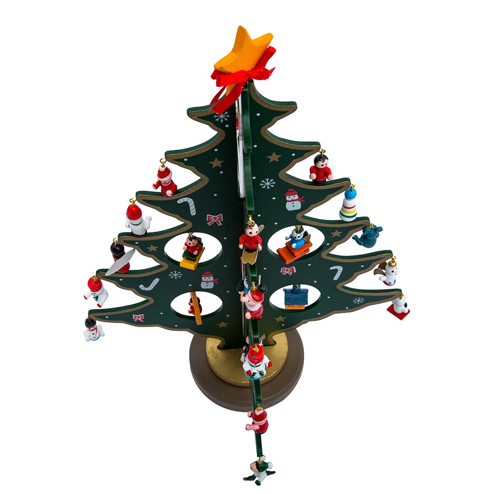 Kurt Adler Advent Calendar Christmas Tree with 24 Miniature Wooden Ornaments, Multi Color 11.75in.