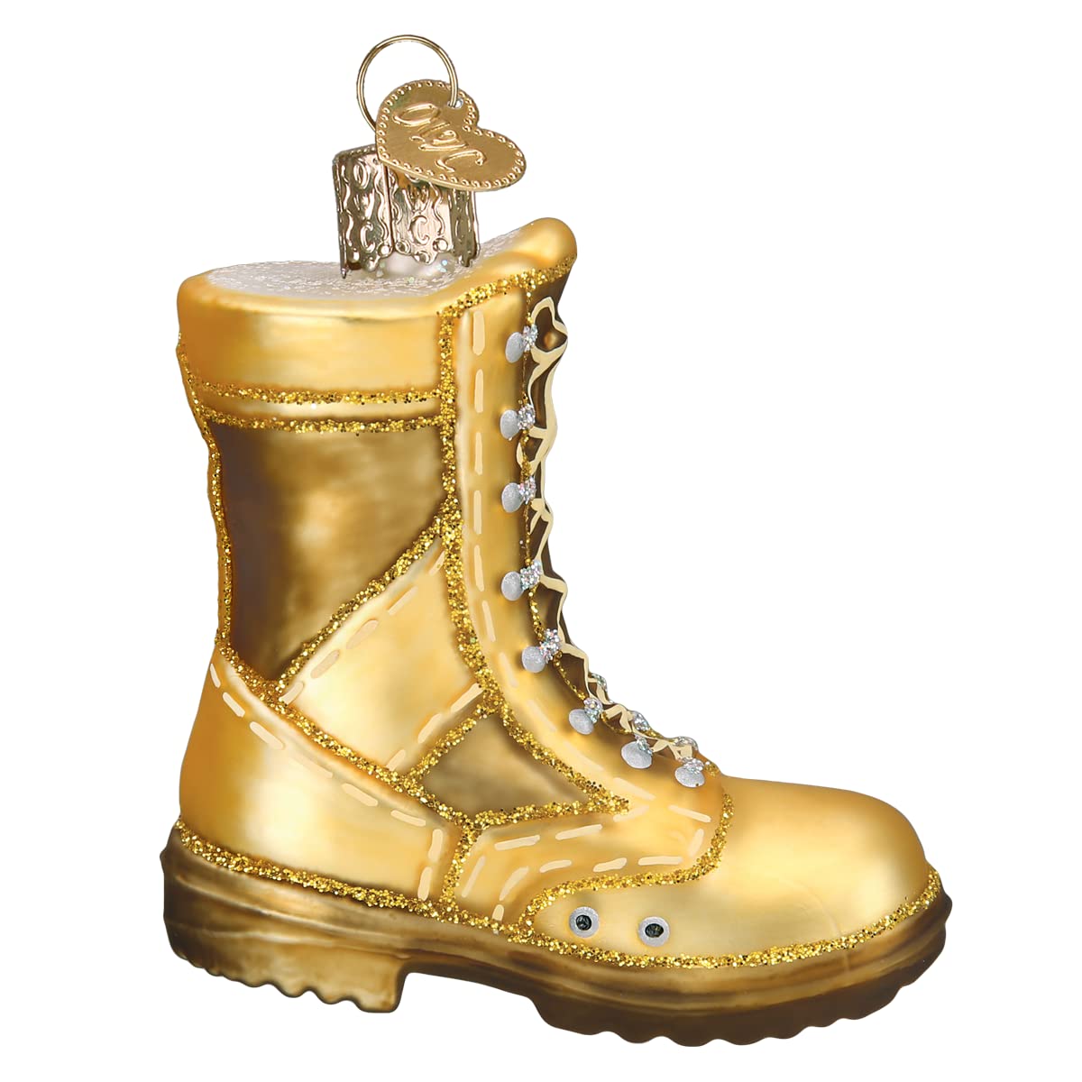 Old World Christmas Military Boot (Gold Combat Boot with American Flag Patch) Glass Blown Ornament for Christmas Tree, Handcrafted Holiday Decoration, Tools Collection
