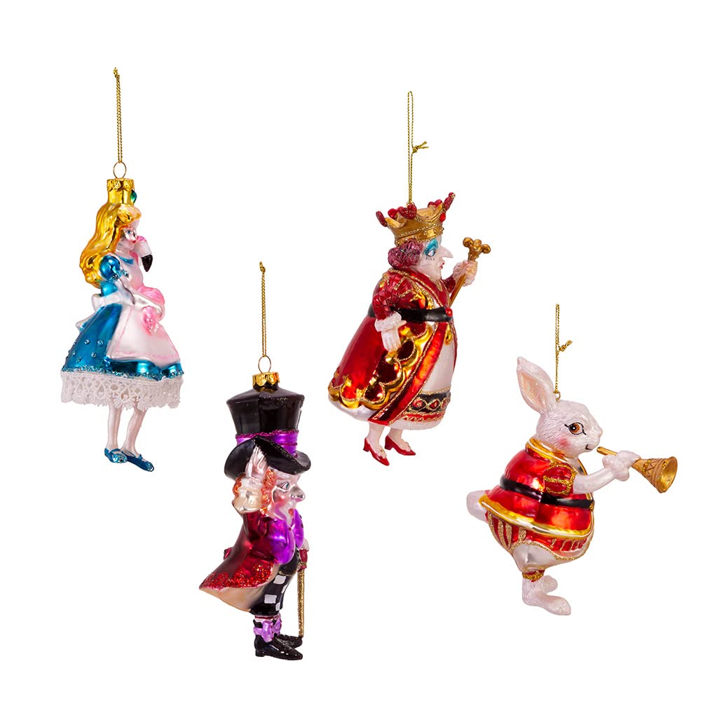 Kurt Adler Noble Gems Glass Ornaments for Christmas Tree, Alice in Wonderland (4-Piece Box Set)