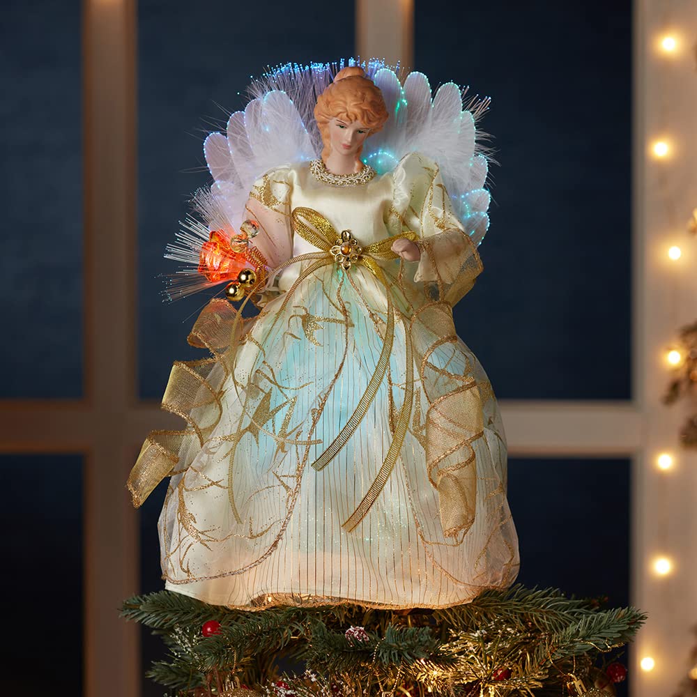 Kurt S. Adler CUL Fiber Optic LED Angel Christmas Treetop Figurine, 12-Inch, Ivory and Gold Tree Topper