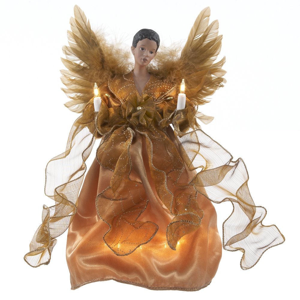 Kurt Adler Lighted Christmas Tree Treetop, 10-Lights, African American Angel, Gold, 13in