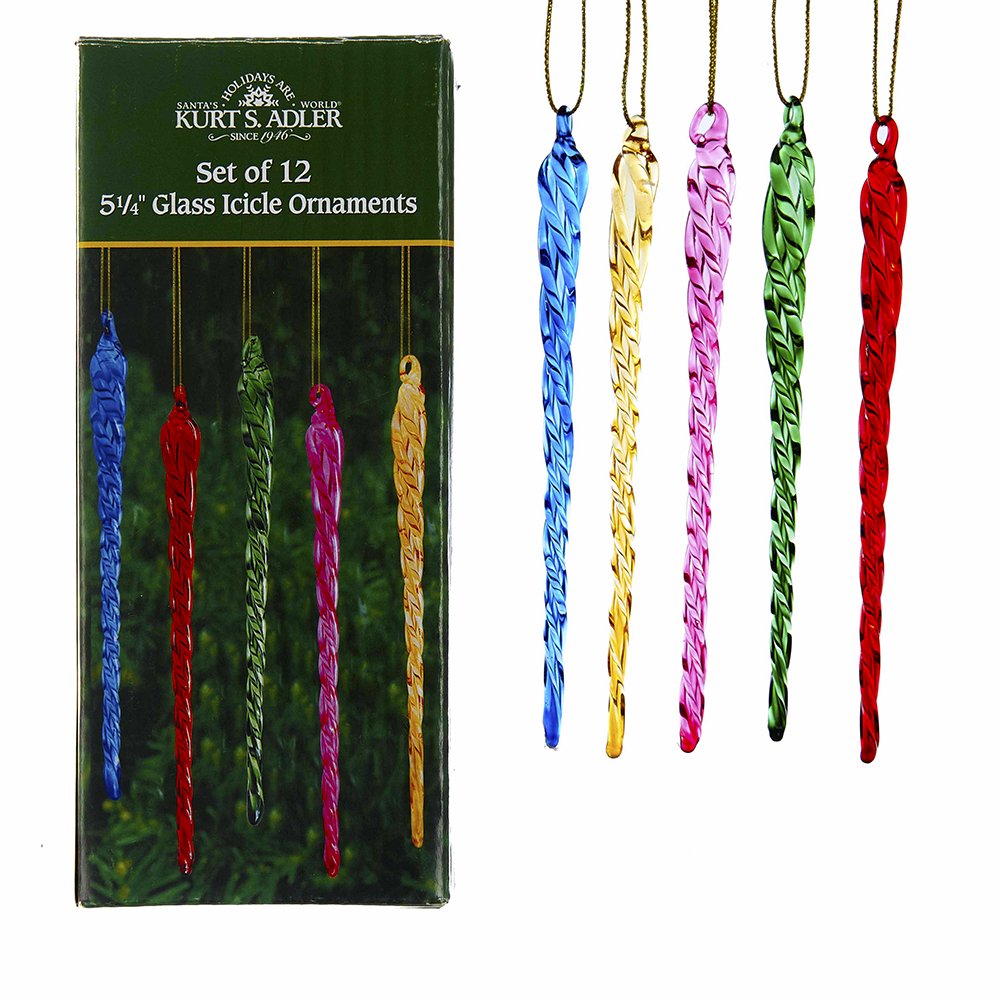 Kurt Adler 5.25-Inch Glass Multicolored Icicle Ornament 12 Piece Box Set