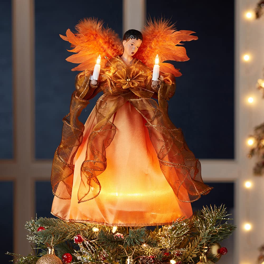 Kurt Adler Lighted Christmas Tree Treetop, 10-Lights, African American Angel, Gold, 13in