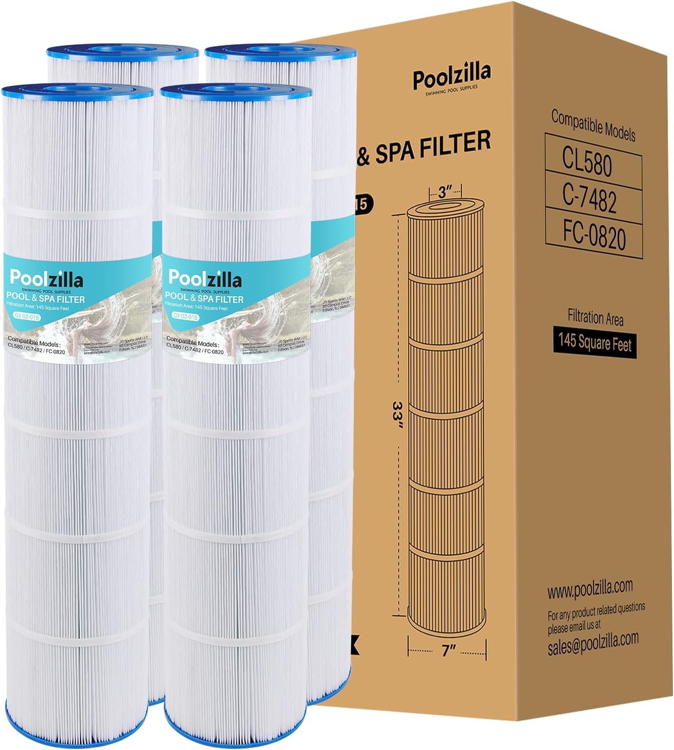 Poolzilla Pool Filter Cartridges, Compatible with Unicel C-7482, Jandy CL580, CV580, PJAN145, Filbur FC-0820, A0104100, R0357900, Filbur FC-6415, SD-01109