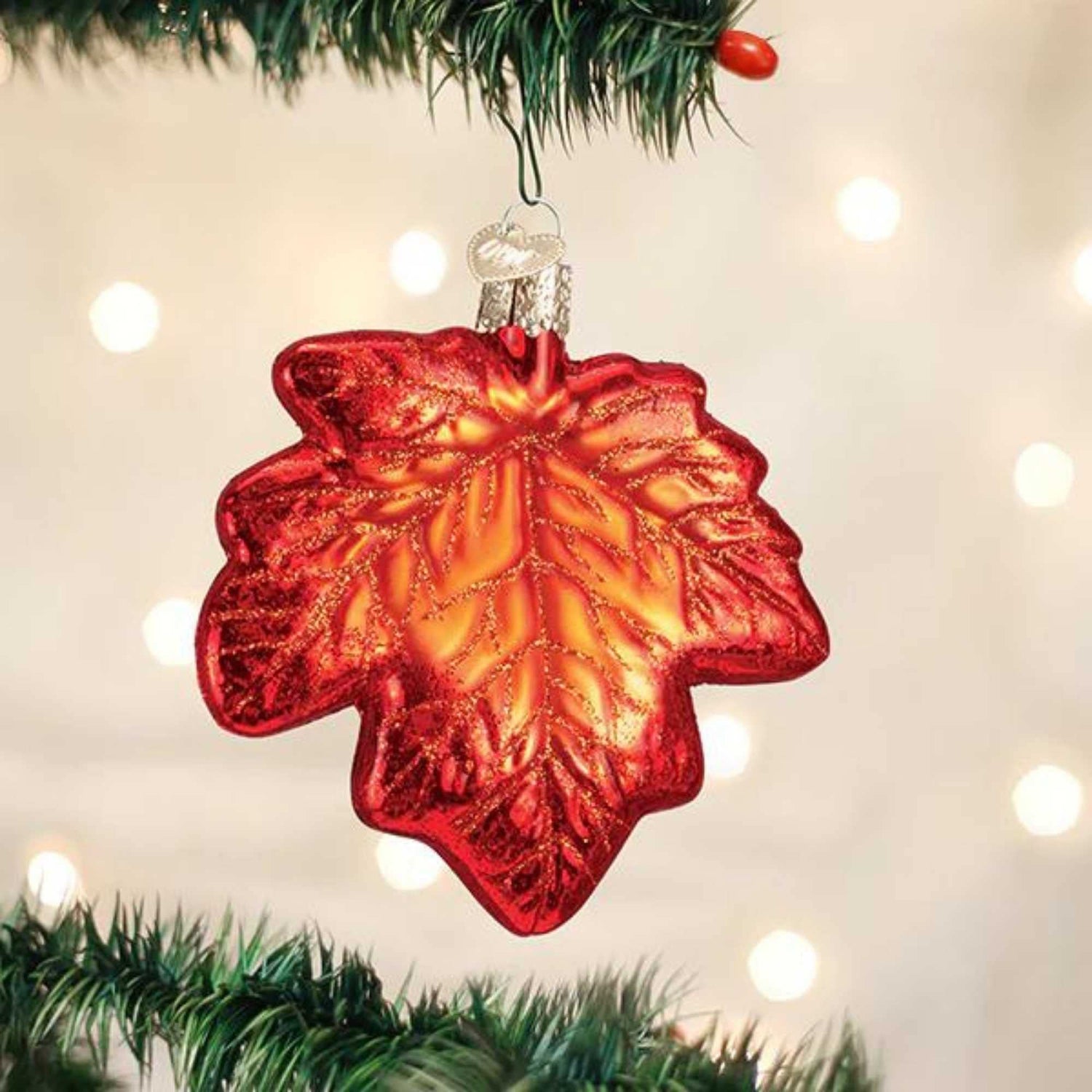 Old World Christmas Red Maple Leaf Glass Blown Ornament for Christmas Tree, Handcrafted Holiday Decoration, Nature Collection