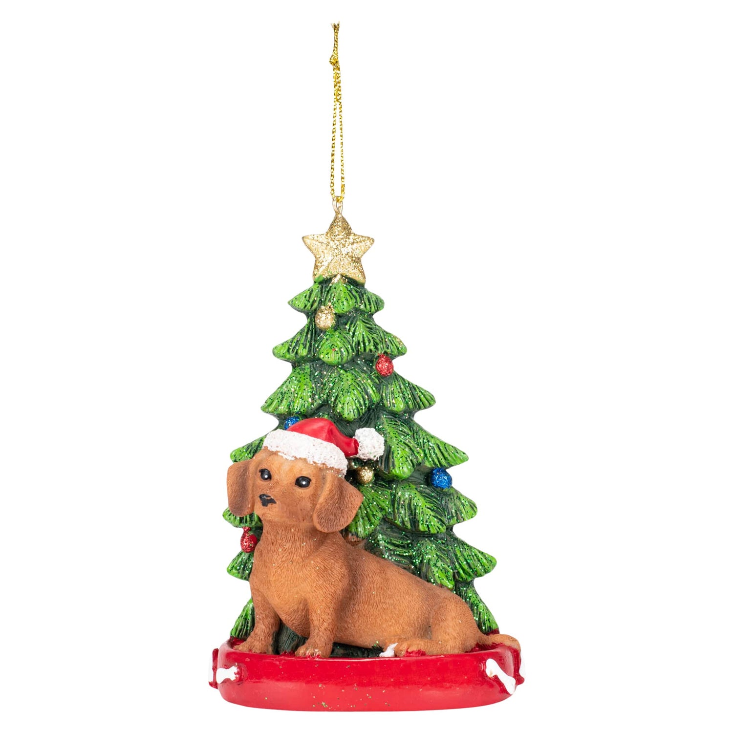 Kurt S. Adler Red Dachshund Wearing Santa Hat with Christmas Tree Ornament, Resin, C7615RDA New