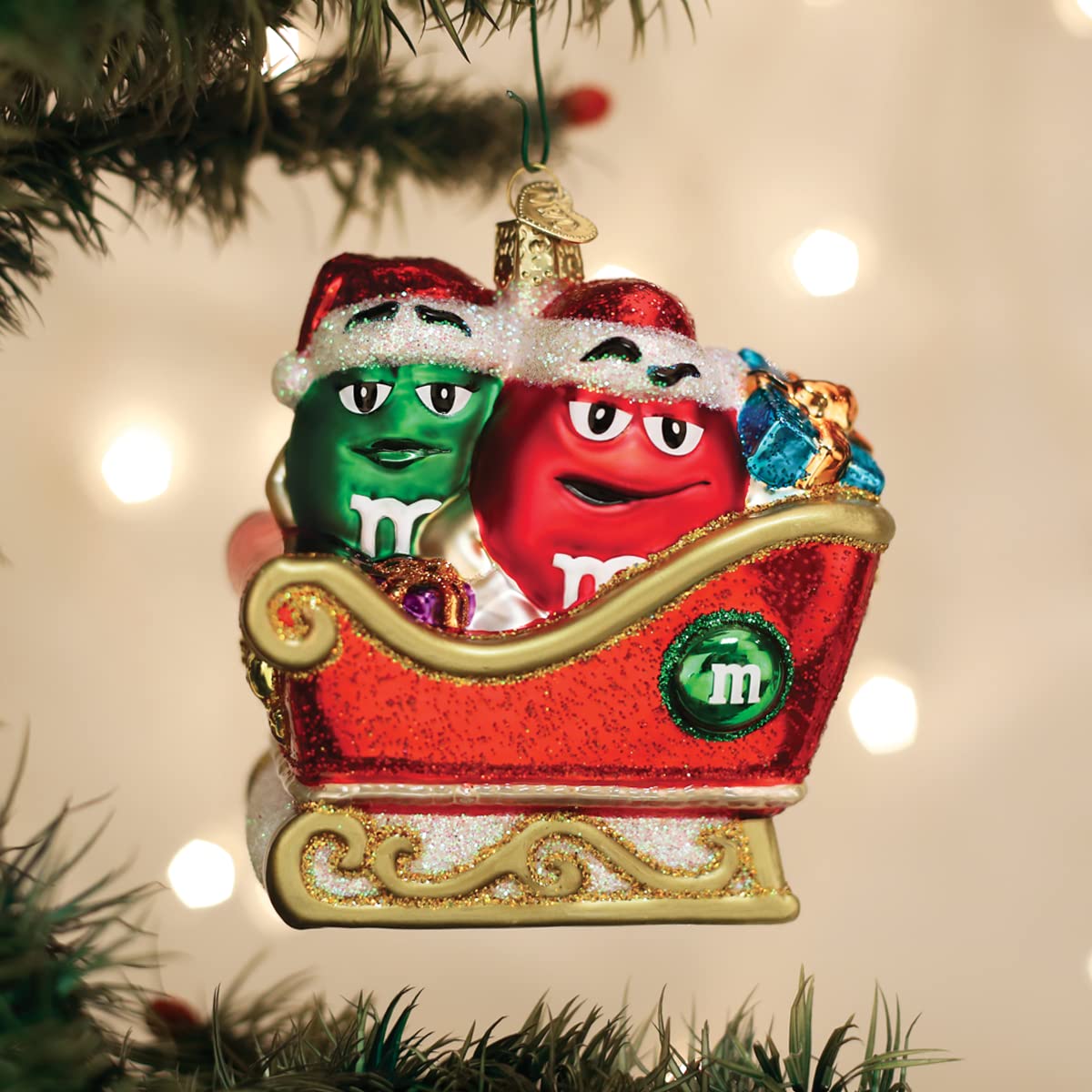 Old World Christmas M&M'S in Sleigh Glass Blown Ornament for Christmas Tree, Handcrafted Holiday Decoration, M&Ms Collection