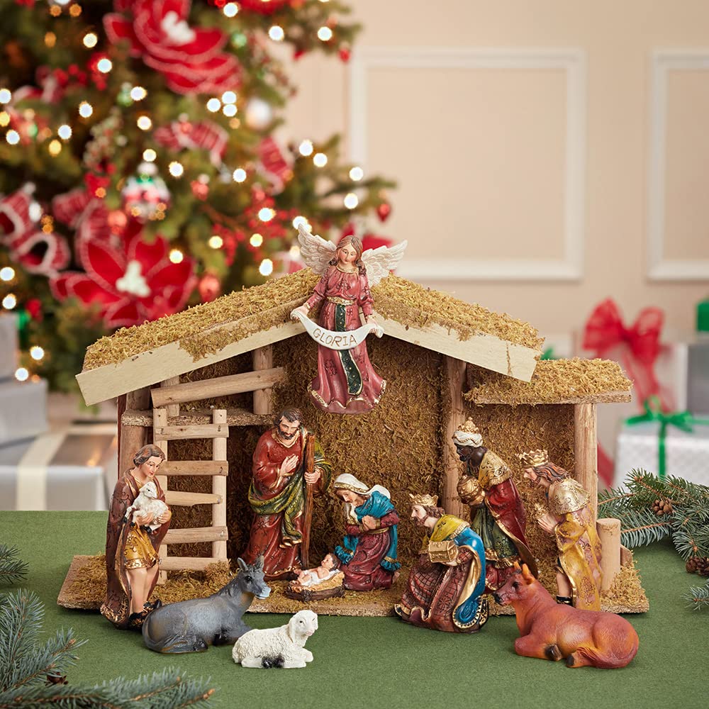 Kurt Adler 12-Piece Wooden Stable Nativity Set, Brown
