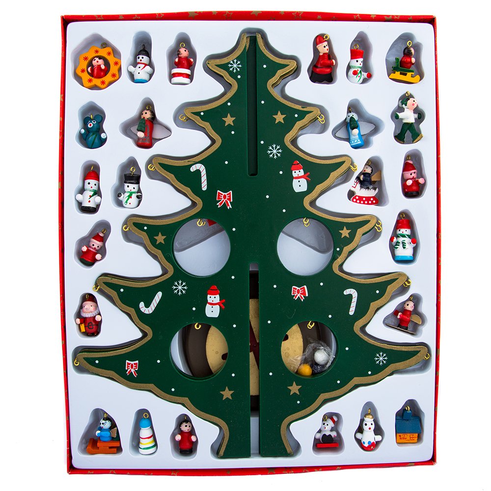 Kurt Adler Advent Calendar Christmas Tree with 24 Miniature Wooden Ornaments, Multi Color 11.75in.