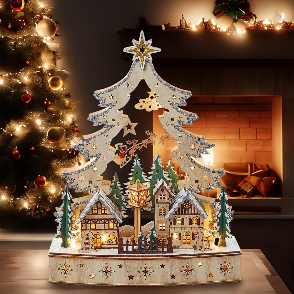Kurt S. Adler Kurt Adler 12.6-inch Battery Operated Lighted Tree Christmas Village, Tan