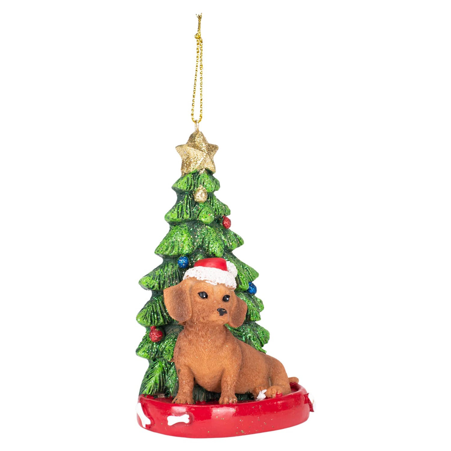 Kurt S. Adler Red Dachshund Wearing Santa Hat with Christmas Tree Ornament, Resin, C7615RDA New