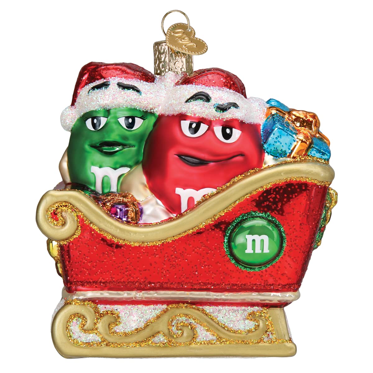 Old World Christmas M&M'S in Sleigh Glass Blown Ornament for Christmas Tree, Handcrafted Holiday Decoration, M&Ms Collection