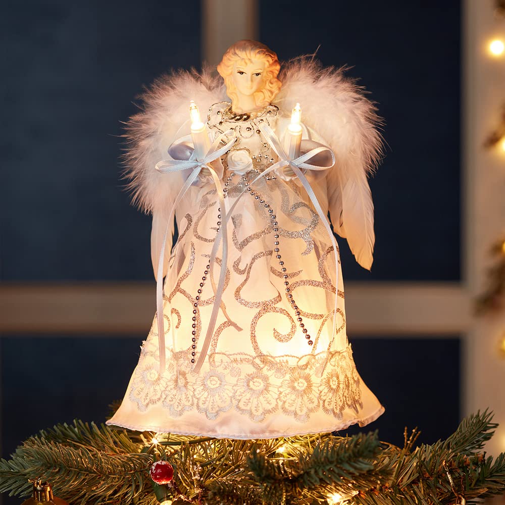 Kurt Adler UL 10-Light Angel Treetop, 9-Inch, White/Silver