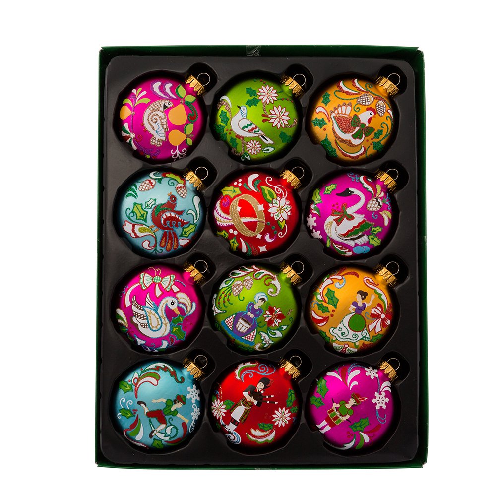 Kurt Adler GG0638 65Mm 12 Days of Christmas Glass Ornament Set 12 Pieces