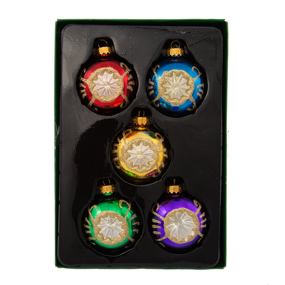 Kurt Adler Glass Reflector Ornament, 60mm, Multi-Colored, Set of 5, Christmas