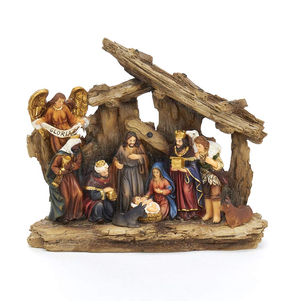 Kurt Adler 7-Inch Resin Nativity Table Piece, 11 Piece Set with Stable