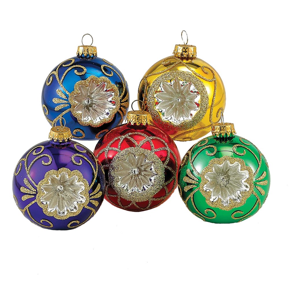 Kurt Adler Glass Reflector Ornament, 60mm, Multi-Colored, Set of 5, Christmas